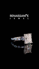 Silver Radiant Cut Diamond Ring with Marquise and Round with Blue Topaz side stone Side Stones and Four-Prong Setting