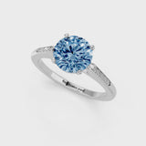 Silver Fancy Blue Round  Cut Channel Set Solitaire Engagement Ring with Four-Prong Setting