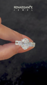 Silver Oval Cut Diamond Three-Stone Ring with Pavé Split Shank and Four-Prong Setting
