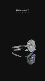 Silver Oval Cut Moissanite Solitaire Engagement Ring with Classic Band and Four-Prong Setting