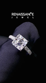 Silver Asscher Cut Diamond Cathedral Solitaire Ring with Round with Moissanite side stone Pavé Band