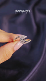 Yellow gold Oval Solitaire Twist Band with Pave Set Diamonds and Four-Prong Setting