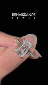 Yellow gold Emerald Cut Diamond Cathedral Solitaire Ring with Round  Pavé Band