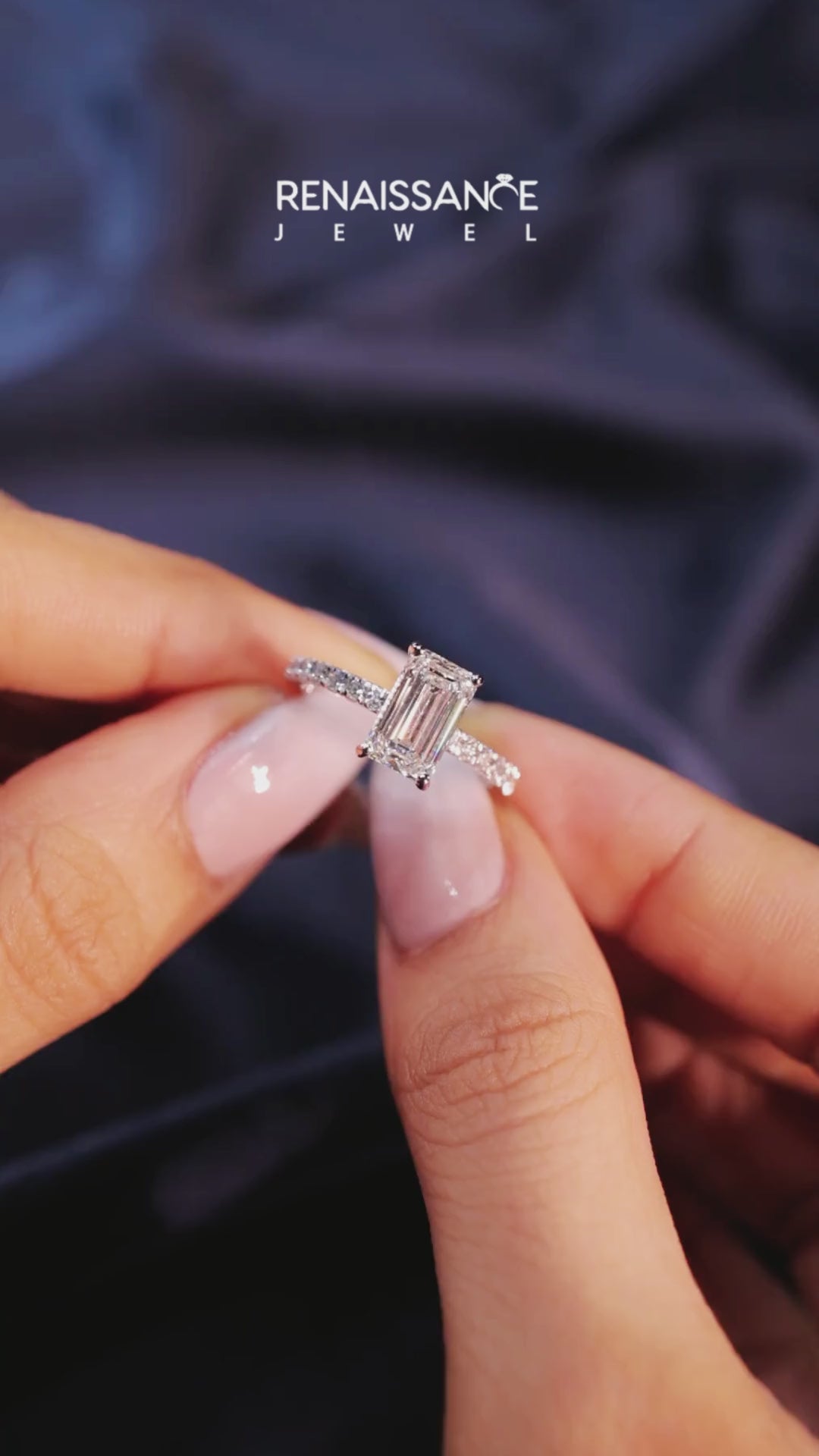 Platinum Emerald Cut Diamond Pave Band Solitaire Ring with Four-Prong Setting 4