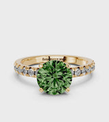 Yellow gold Fancy Green Round  Solitaire Pave Diamond Engagement Ring with Four-Prong Setting
