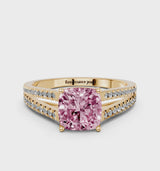 Yellow gold Fancy Pink Cushion Cut Diamond Solitaire Engagement Ring with Split Shank Pavé Band