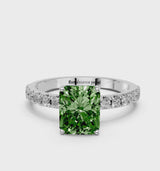 Silver Fancy Green Radiant Cut Diamond Solitaire Pavé Band with Four-Prong Setting