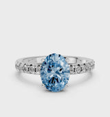 Platinum Fancy Blue Oval  Solitaire Pave Diamond Engagement Ring with Four-Prong Setting