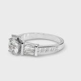 Silver Round Cut Diamond Engagement Ring with Baguette Side Stones and Channel Set Band