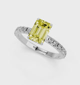 White gold Fancy Yellow Emerald Cut Diamond Solitaire Pavé Band with Four-Prong Setting