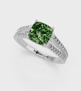 White gold Fancy Green Cushion Cut Diamond Solitaire Engagement Ring with Split Shank Pavé Band