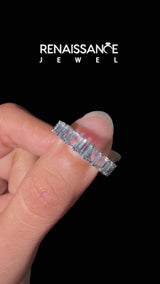White gold Emerald Cut Aquamarine Eternity Band with Shared Prong Setting
