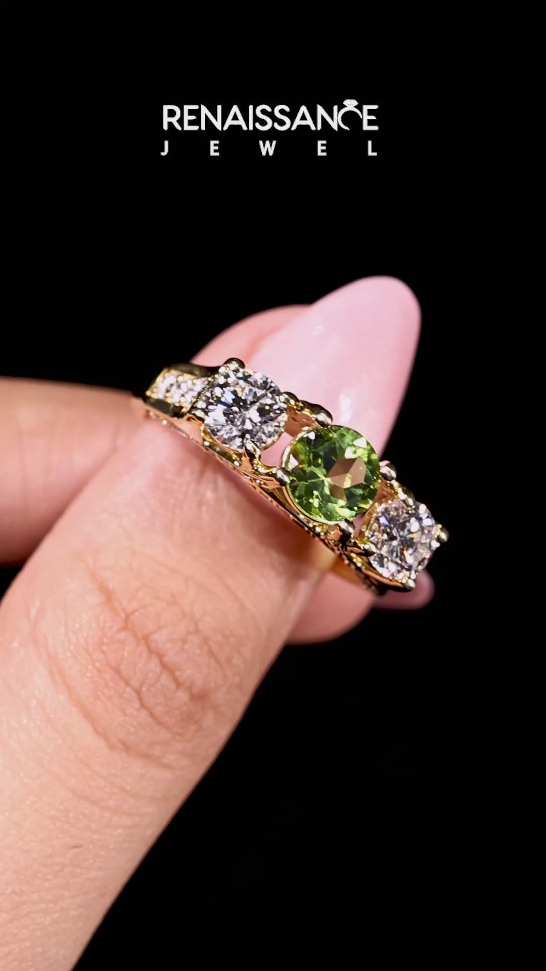 Yellow gold Round Cut Peridot Three-Stone Ring with Channel Set Band and Four-Prong Setting_13