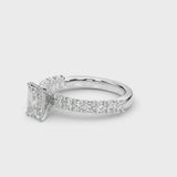 Platinum Emerald Cut Diamond Pavé Band Solitaire Ring with Prong Setting