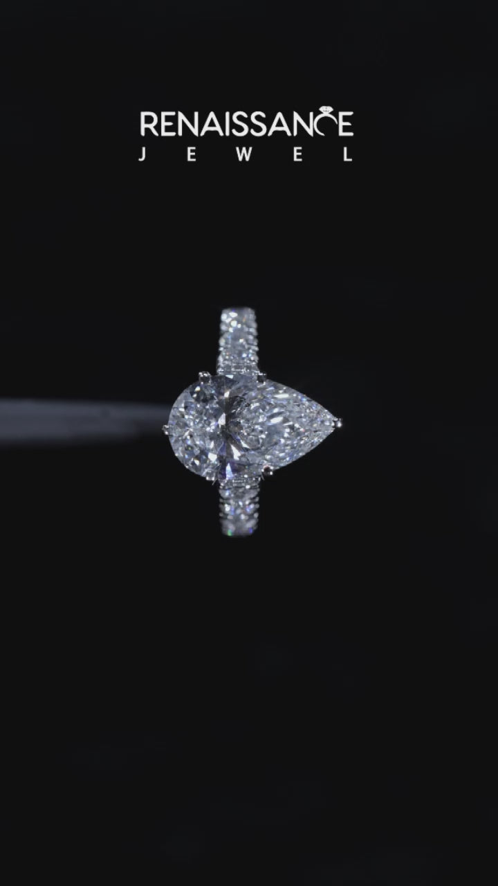 Silver Pear Cut Diamond Pavé Band Solitaire with Four-Prong Setting 4