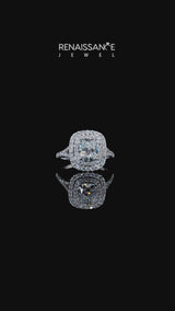 White gold Emerald Cut Diamond Double Halo Ring with Pavé Band and Prong Setting