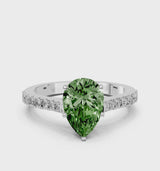 White gold Fancy Green Pear  Cut Solitaire Diamond Engagement Ring with Pave Band and Four-Prong Setting
