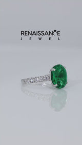 Silver Oval Cut Emerald Cathedral Solitaire Ring with Round  Pavé Band