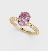 Yellow gold Fancy Pink Oval Cut Diamond Solitaire Ring with Beaded Band and Prong Setting