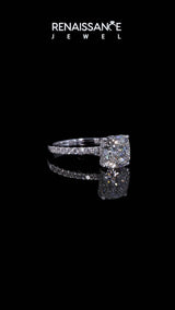 White gold Cushion Cut Diamond Solitaire Ring with Round  Pavé Band and Four-Prong Setting