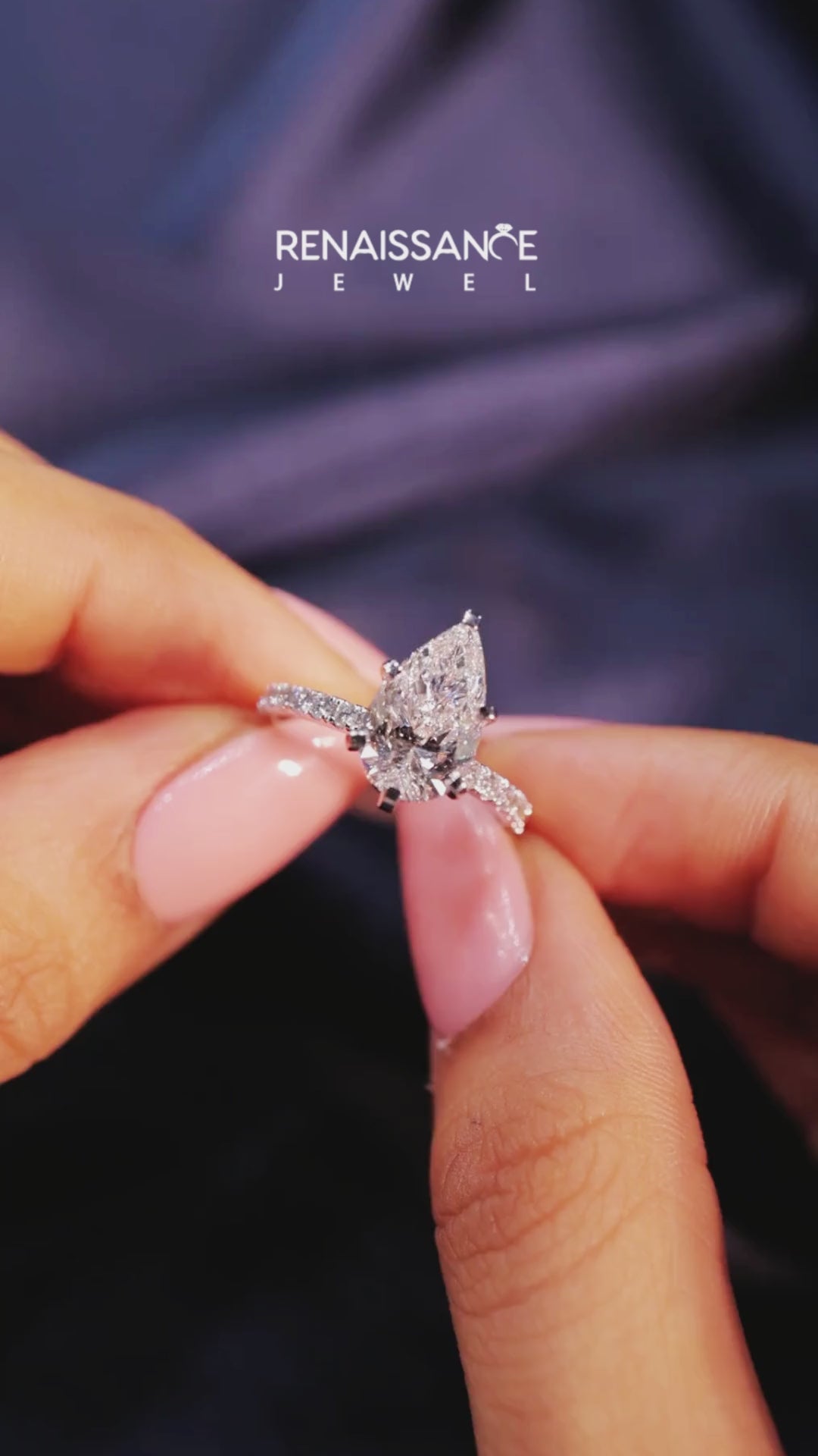 White gold Pear Solitaire Twisted Band with Pavé Accents and Four-Prong Setting 4