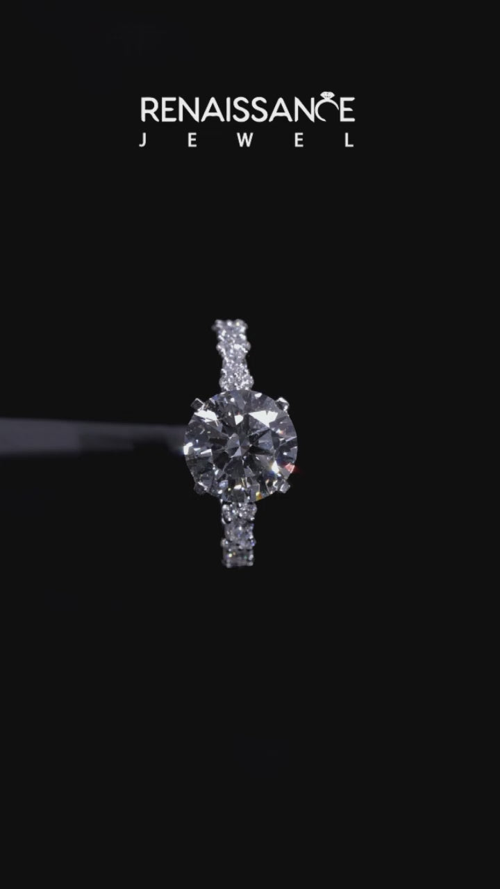 Platinum Round Solitaire with Side Stones, Pave Band, Four-Prong Setting 5