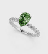 Silver Fancy Green Pear Cut Diamond Solitaire Ring with Beaded Band and Prong Setting