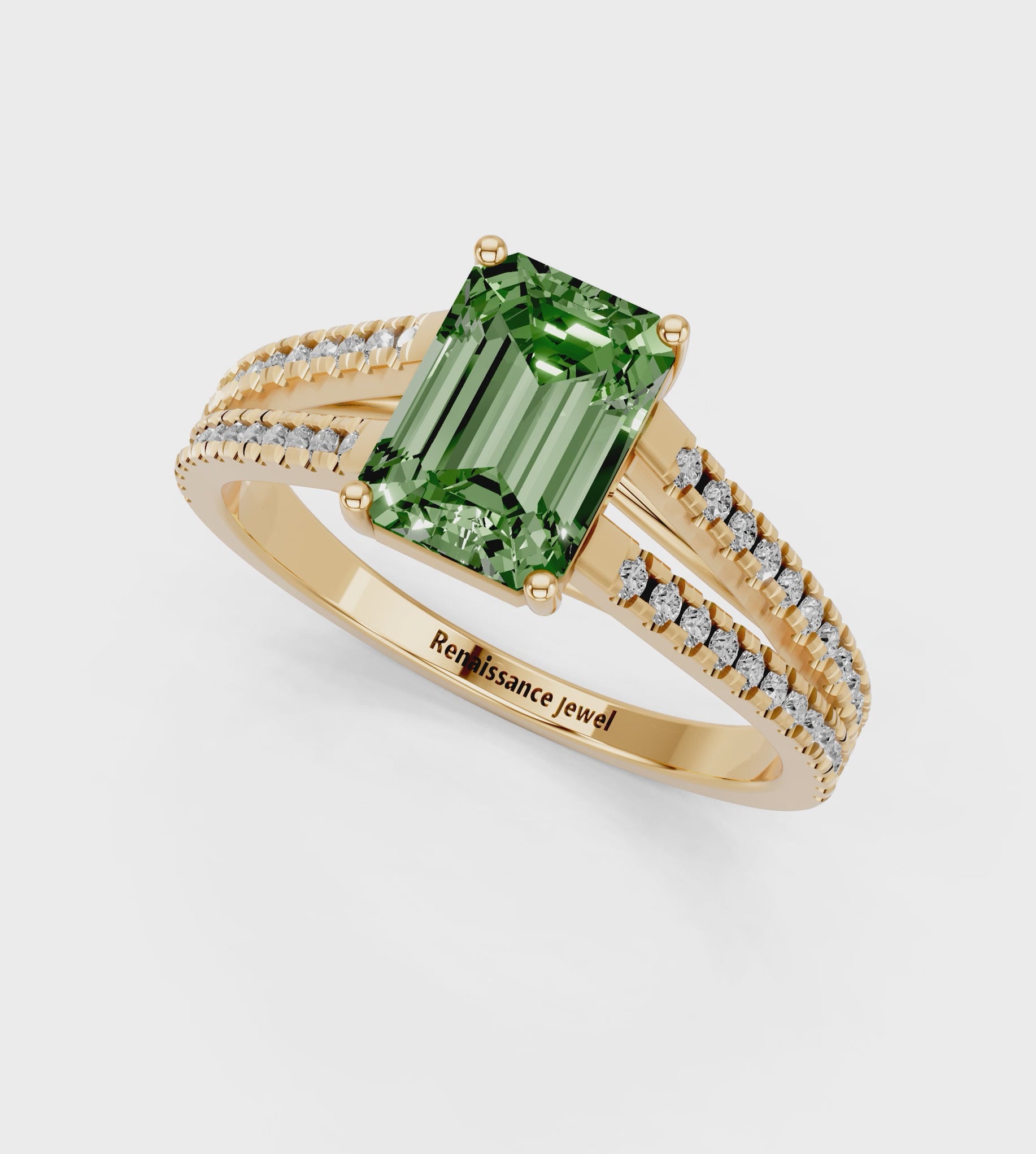 Yellow gold Fancy Green Emerald  Solitaire Split Shank Pavé Diamond Engagement Ring_330