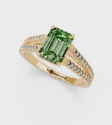 Yellow gold Fancy Green Emerald Cut Diamond Solitaire Engagement Ring with Split Shank Pavé Band