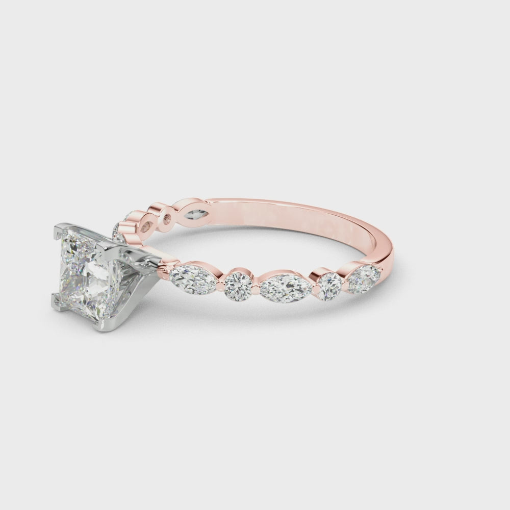 Rose gold Princess Solitaire with Side Stones on a Pavé Band and Four-Prong Setting 3