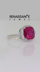 White gold Cushion Cut Ruby Halo Ring with Tapered Band and Four-Prong Setting
