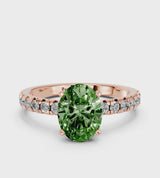 Rose gold Fancy Green Oval  Solitaire Pave Diamond Engagement Ring with Four-Prong Setting