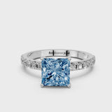 Silver Fancy Blue Princess Cut Diamond Solitaire Pavé Band with Four-Prong Setting