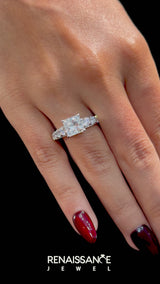 Silver Asscher Cut Diamond Engagement Ring with Pavé Band and Four-Prong Setting
