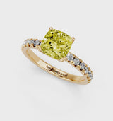 Yellow gold Fancy Yellow Cushion  Solitaire Pave Diamond Engagement Ring with Four-Prong Setting