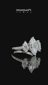 Silver Three-Stone Marquise Cut Moissanite Ring with Round  Pavé Band and Prong Setting