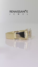 Yellow gold Half-Bezel Emerald Cut Diamond Mens Ring with Channel-Set Round Shoulders