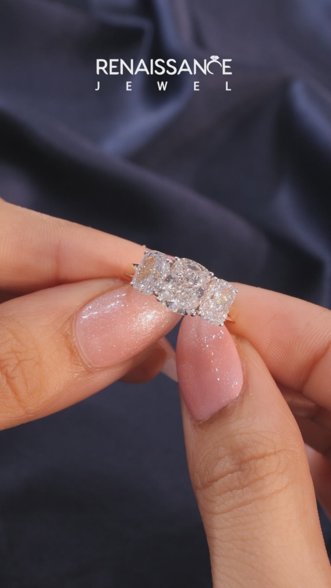 Yellow gold Three-Stone Cushion Cut Diamond Ring with Prong Setting and Classic Band_17