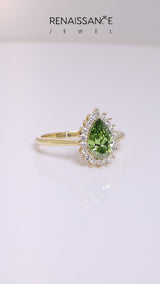 Yellow gold Prong-Set Pear-Cut Emerald with Diamond Halo and White Gold Band