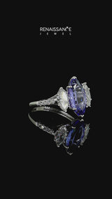 Silver Three-Stone Marquise Cut Tanzanite Ring with Round  Pavé Band and Prong Setting