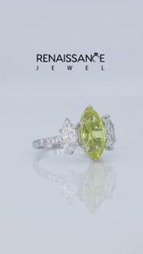 Silver Three-Stone Marquise Cut Yellow Sapphire Ring with Round  Pavé Band and Prong Setting