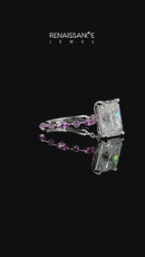 Silver Radiant Cut Diamond Ring with Marquise and Round with Pink Sapphire side stone Side Stones and Four-Prong Setting