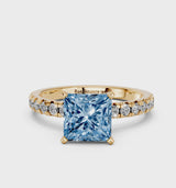 Yellow gold Fancy Blue Princess  Solitaire Pave Diamond Engagement Ring with Four-Prong Setting