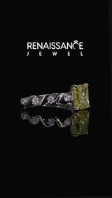 White gold Fancy Yellow Radiant Cut Diamond Solitaire Twisted Band with Round  Accents and Prong Setting