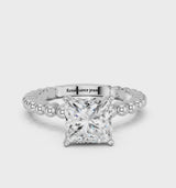 Platinum Princess Cut Diamond Solitaire Ring with Beaded Band and Prong Setting