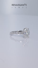 Platinum Oval Cut Diamond Prong Set Engagement Ring with Pavé Band