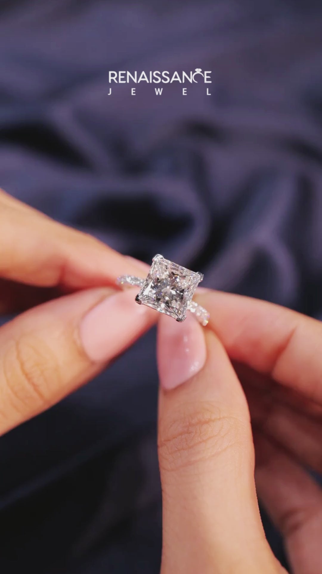 White gold Princess Diamond Pavé Band Solitaire with Four-Prong Setting 5