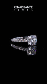 White gold Cushion Cut Diamond Cathedral Solitaire Ring with Round  Pavé Band
