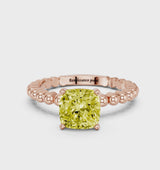Rose gold Fancy Yellow Cushion Cut Diamond Solitaire Ring with Beaded Band and Prong Setting