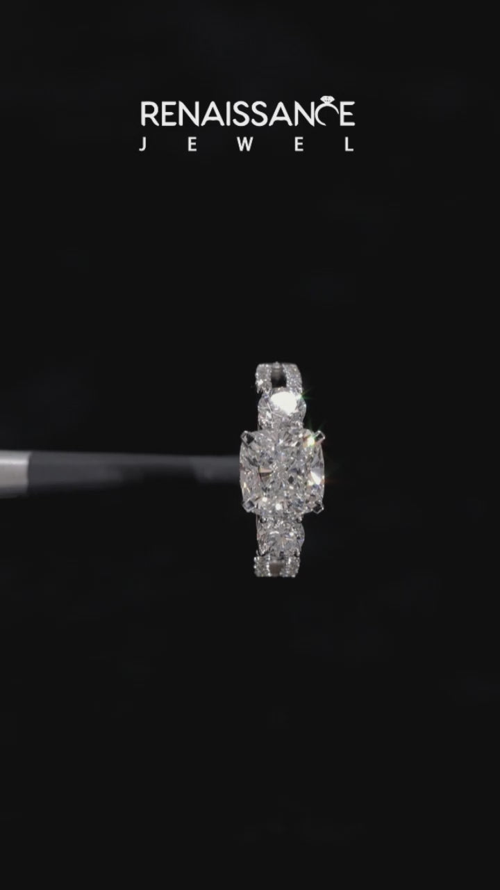 Platinum Cushion Three-Stone Diamond Ring with Pavé Split Shank and Four-Prong Setting 3